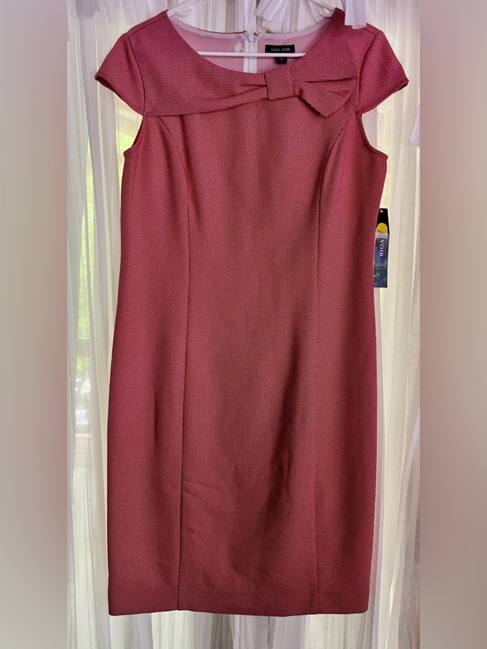 Voir Voir Rose-Red Bow-Accent Cap-Sleeve Midi Dress